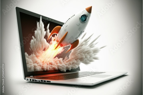 Rocket flying from notebook screen on white background, startup concept, Generative AI 