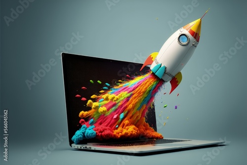 Rocket taking off from laptop releasing colorful smoke, startup concept, Generative AI