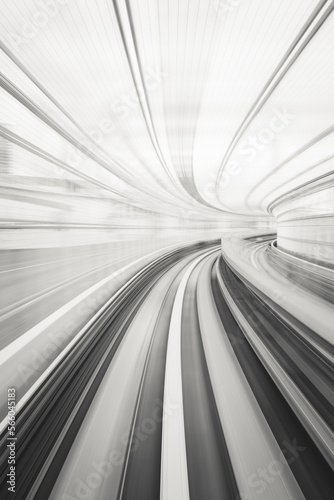 Travelling Through Curved Tunnel in Tokyo Sky Bridge with warped time feel in Black and White Monotone Colour