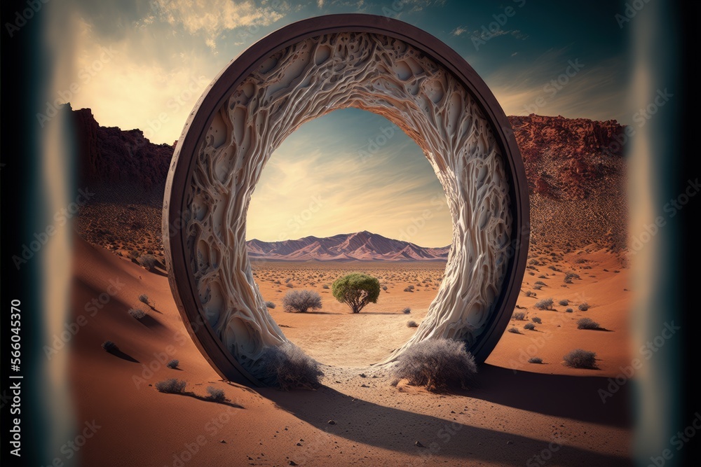 Fototapeta premium Magic portal in the desert, portal to fantasy dimension, digital illustration, Generative AI