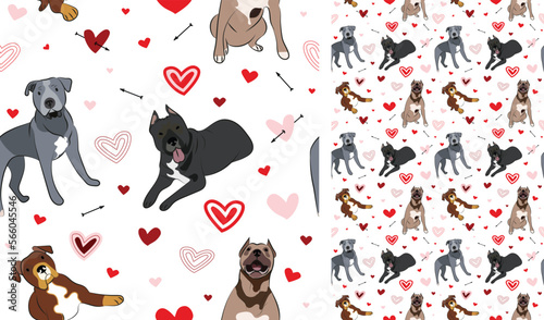 Pit Bull terrier dog Valentine's day heart wallpaper. Love doodles hearts with pets holiday texture. square background, repeatable pattern.St Valentine's day wallpaper, valentine present, print tiles.