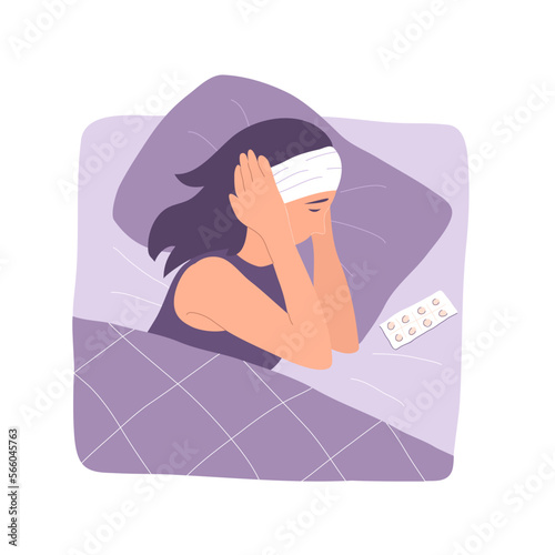 A woman in bed suffers from a headache. Symptom of illness and insomnia. Medical tablets. Flat vector illustration isolated on white background