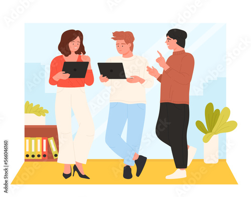 Office conversation on business meeting vector illustration. Cartoon group of man and woman in casual clothes holding laptops and standing together to talk, discuss and exchange professional ideas © Flash Vector