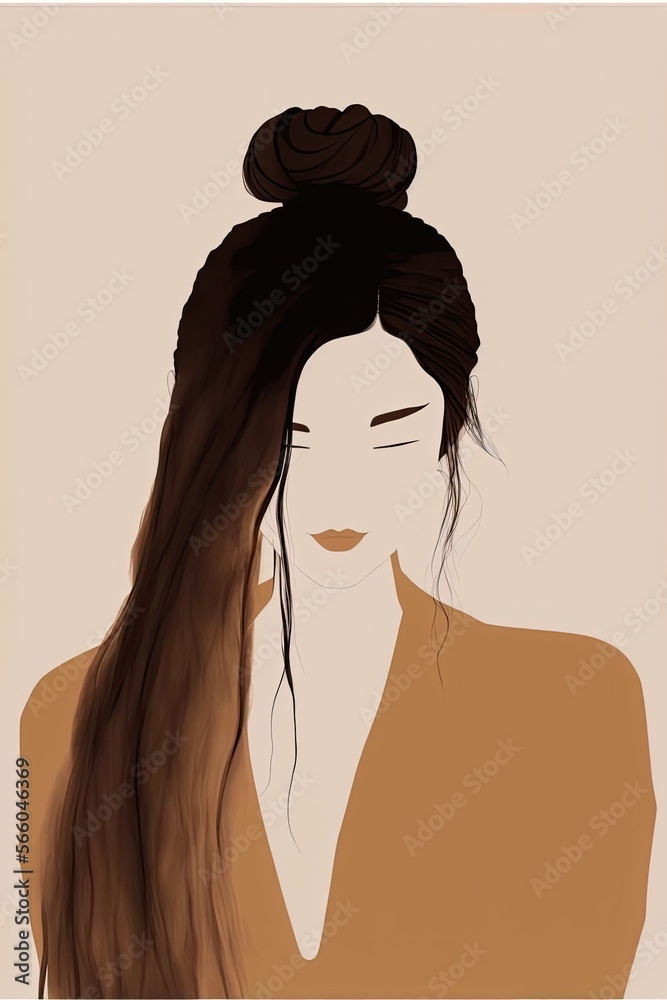 abstract minimalist illustration fashionable faceless woman with brown hair  top knot hair style, AI assisted finalized in Photoshop by me Stock  Illustration | Adobe Stock