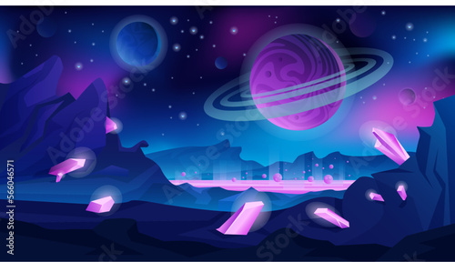 Alien landscape vector illustration. Cartoon planet in outer space, neon extraterrestrial lava on ground and fairy tale glowing crystals in dark rocks, cosmic scenery with globe of Saturn in sky