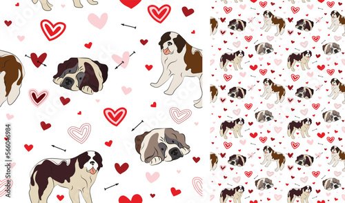 St Bernard dog Valentine's day heart wallpaper. Love doodles hearts with pets holiday texture. square background, repeatable pattern. St Valentine's day wallpaper, valentine present, print tiles. photo