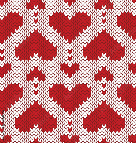 Valentine jacquard seamless pattern. Hearts garland. Red and white background. Knitted texture. Vector illustration.