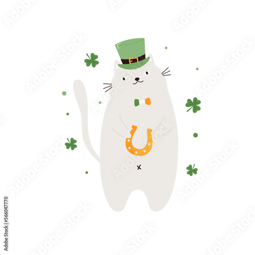 Funny holiday design with a cat in a top hat holding a horseshoe for St. Patricks Day