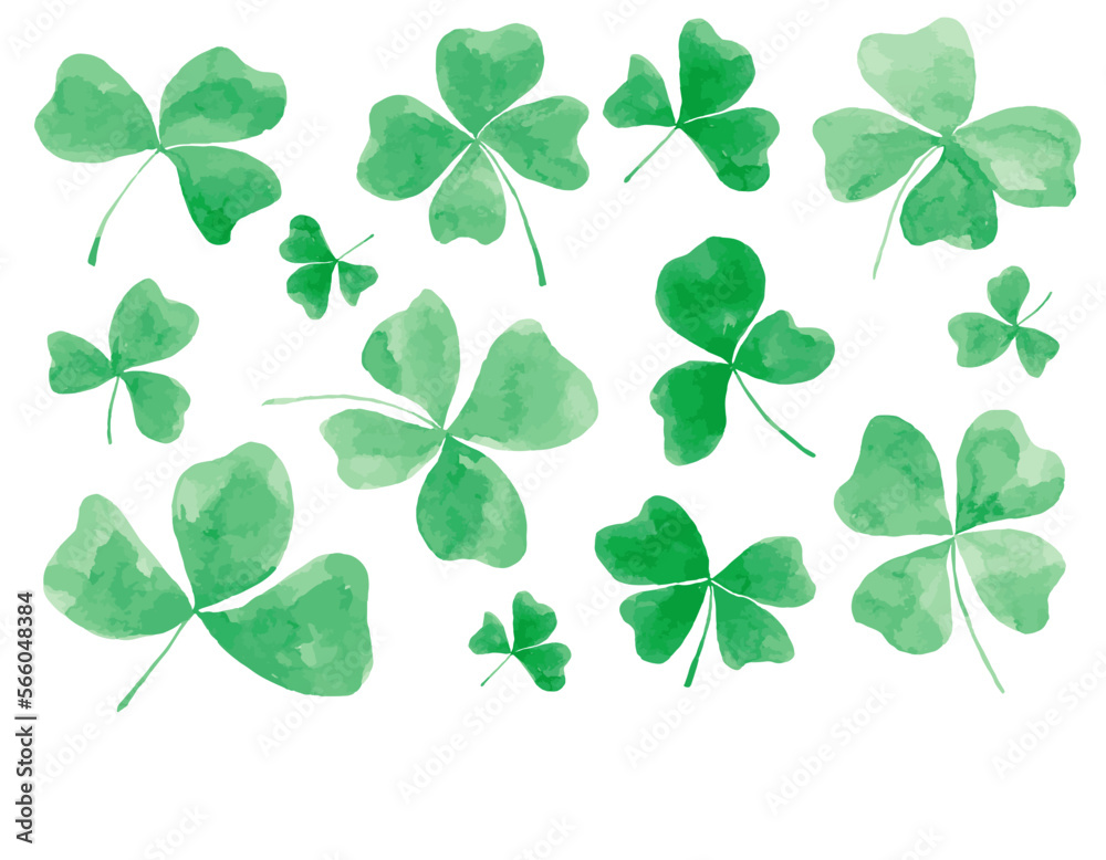 Hand drawn watercolor clover. Set of  vector clover leaves. Saint Patrick. Spring. March 17. Spring holiday. Leprechaun. Hat. Gold. Clover. Four leaf clover. Luck. Decor set. Pattern.