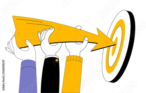 Hands of different colors carry an arrow pointing to the center of the target. The concept of a vector illustration on the topic of teamwork to achieve results.