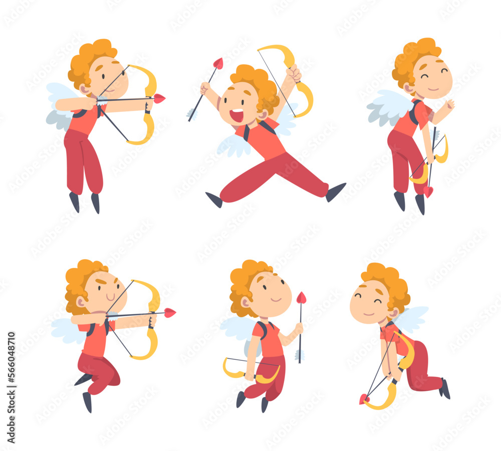 Funny Cupid Boy as Adorable Joyful Kid Angel Cherub with Bow and Arrow Vector Set Funny Cupid Boy as Adorable Joyful Kid Angel Cherub with Bow and Arrow Vector Set