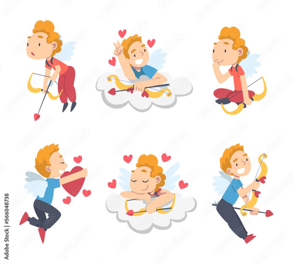 Funny Cupid Boy as Adorable Joyful Kid Angel Cherub with Bow and Arrow Vector Set Funny Cupid Boy as Adorable Joyful Kid Angel Cherub with Bow and Arrow Vector Set