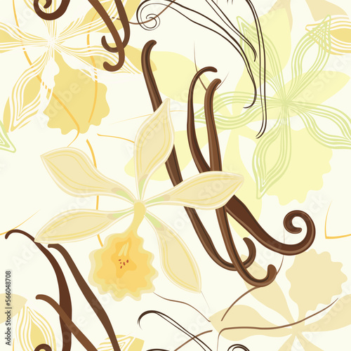 Vanilla seamless pattern. Cream flowers of an orchid. Decorating for a dessert. Package design. Vector illustration. 