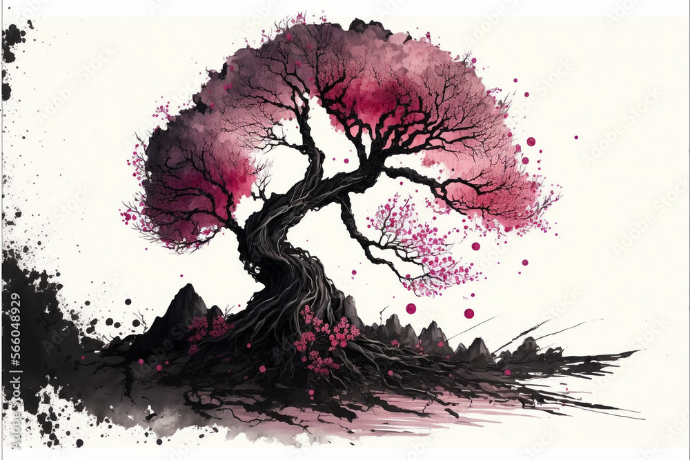 Sakura tree beautiful nature ink art splash splatter japan  illustration paint colourful