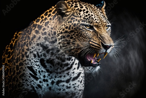 Sngry wild leopard Bare teeth on black isolated  background illustration generatiev ai © Roman