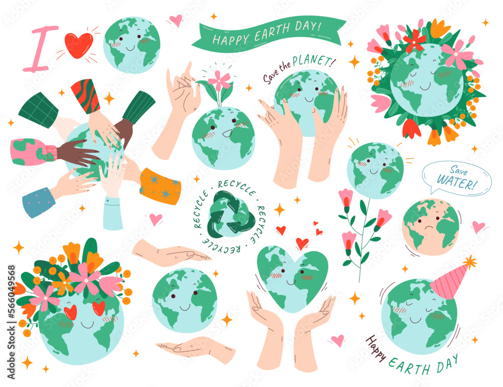 Earth day flat icons set. Events to demonstrate support for environmental protection. Raising awareness about recycling