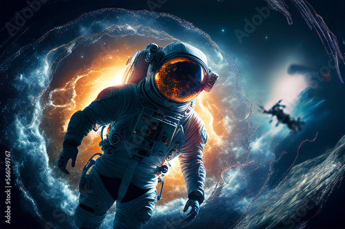 Astronaut floating in the space with galaxy and planet in background. Generative ai illustration 