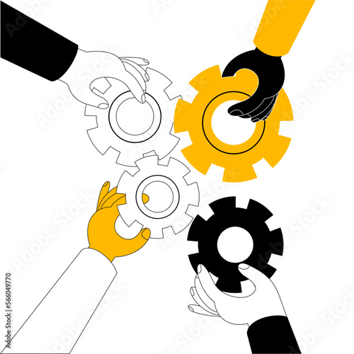 Different hands connect the parts of the mechanism. The concept of a vector illustration in a flat style on the topic of creating a working mechanism in teamwork.