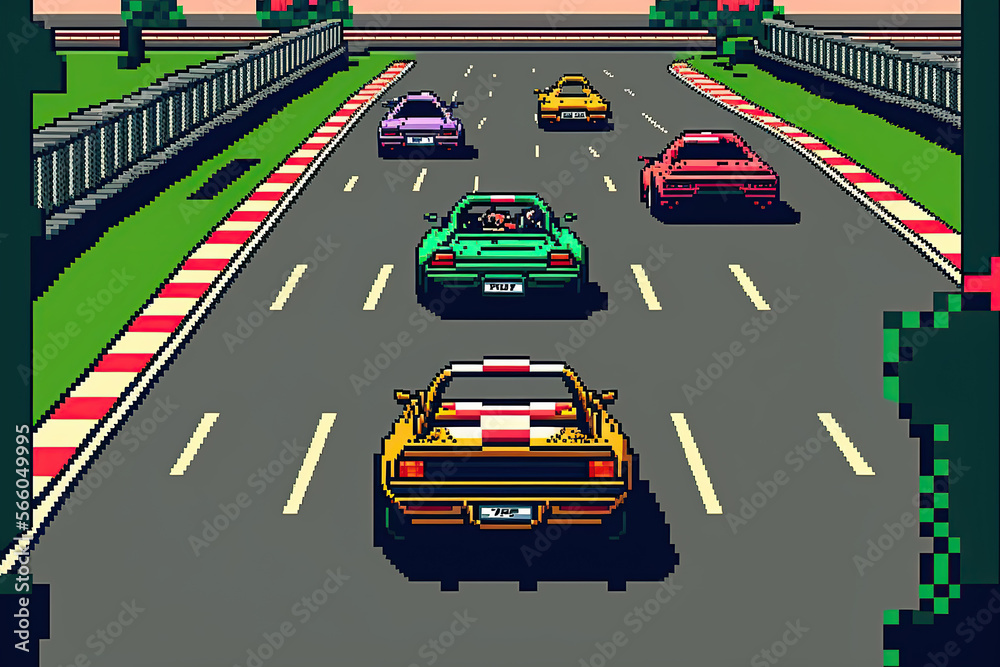 A car race on an racetrack, Retro computer games level. Pixel art video ...