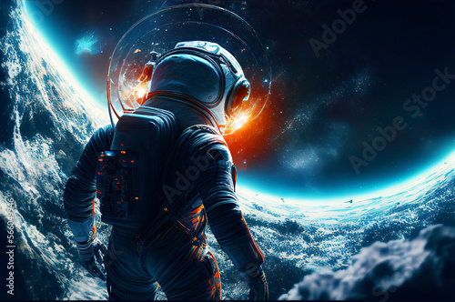 Astronaut floating in the space with galaxy and planet in background. Generative ai illustration  © BigMindOutfit