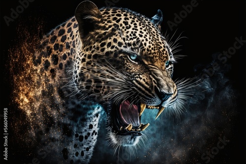 Sngry wild leopard Bare teeth on black isolated 
background illustration generatiev ai photo