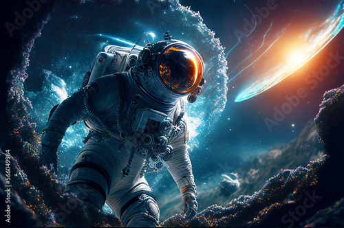 Astronaut floating in the space with galaxy and planet in background. Generative ai illustration 