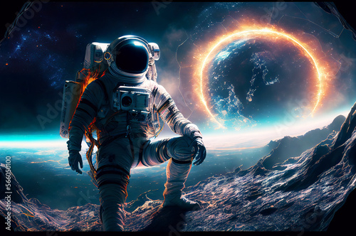 Astronaut floating in the space with galaxy and planet in background. Generative ai illustration 