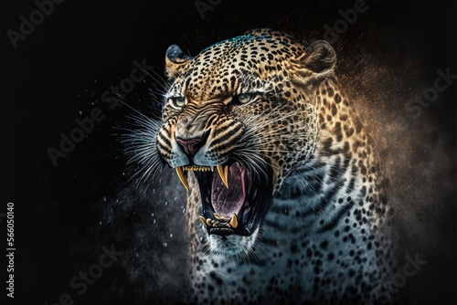 Sngry wild leopard Bare teeth on black isolated background illustration generatiev ai