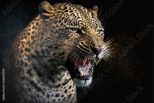 Sngry wild leopard Bare teeth on black isolated 
background illustration generatiev ai photo