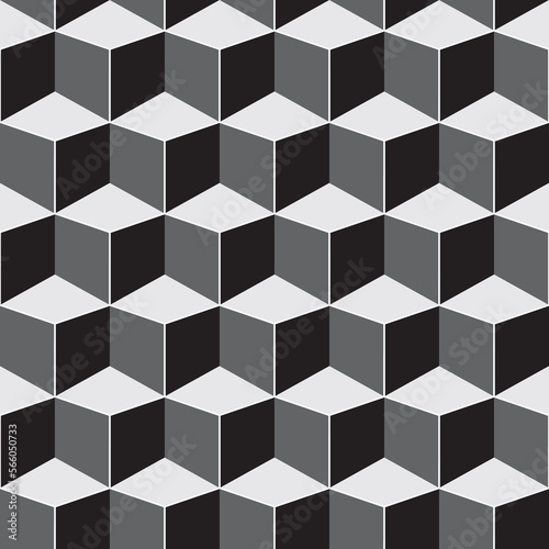 Monochrome seamless geometric pattern. Repeatable 3d cubes background. Decorative endless black and white texture.