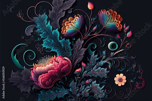  a colorful floral arrangement on a black background with swirls and leaves on it's sides and a blue center with a red center. generative ai
