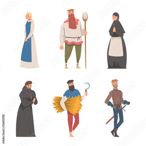 Medieval People Characters with Peasant with Hay and Pitchfork, Soldier and Priest Vector Set