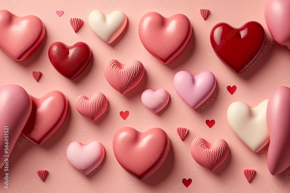 Pastel pink hearts, abstract background with hearts, greeting card, poster, valentine's day, 14 Feb, 3d rendering, Generative AI