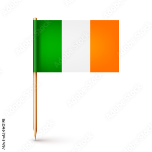 Realistic Irish toothpick flag. Souvenir from Ireland. Wooden toothpick with paper flag. Location mark, map pointer. Blank mockup for advertising and promotions. Vector illustration