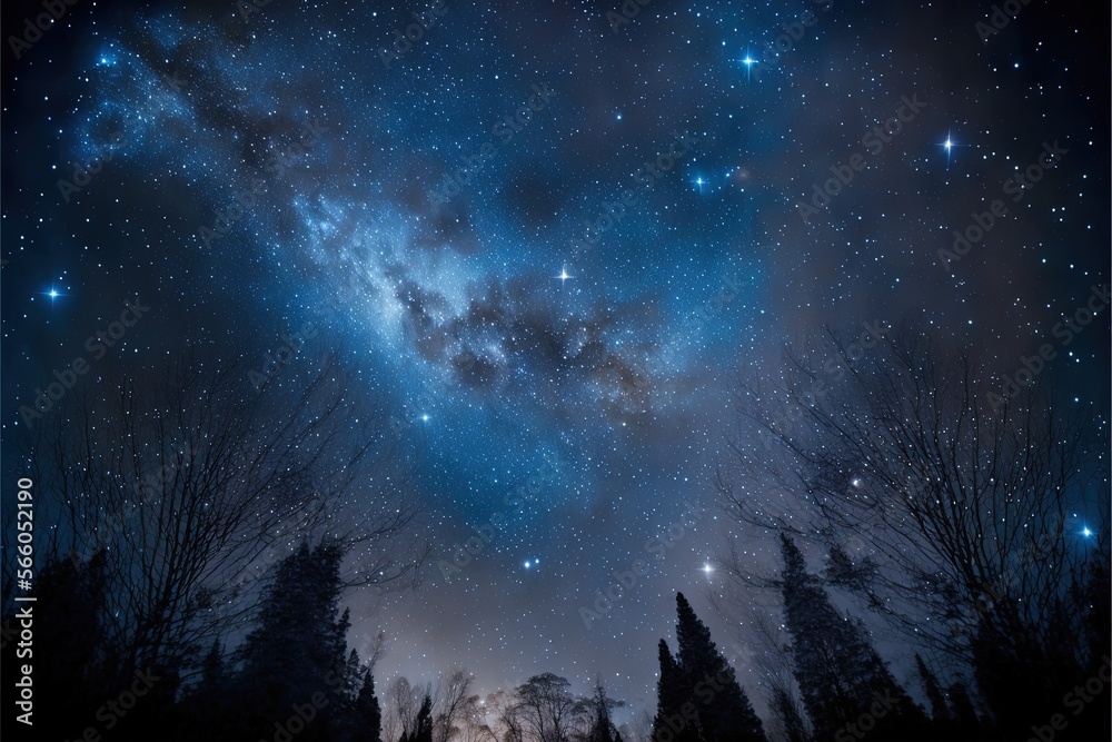 a night sky with stars and trees in the foreground and a bright blue sky with stars and a few clouds in the background, and a few trees in the foreground. generative ai a night sky with stars and trees in the foreground and a bright blue sky with stars and a few clouds in the background, and a few trees in the foreground. generative ai