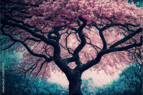  a painting of a tree with pink flowers on it's branches and a bench underneath it in a park area with a bench and trees. generative ai