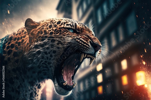 Bare teeth angry wild leopard roars in town urban background illustration generatiev ai photo