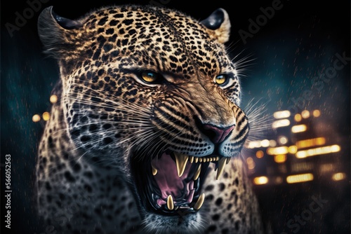 Bare teeth angry wild leopard roars in town urban background illustration generatiev ai