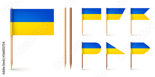Realistic various Ukrainian toothpick flags. Souvenir from Ukraine. Wooden toothpicks with paper flag. Location mark, map pointer. Blank mockup for advertising and promotions. Vector illustration