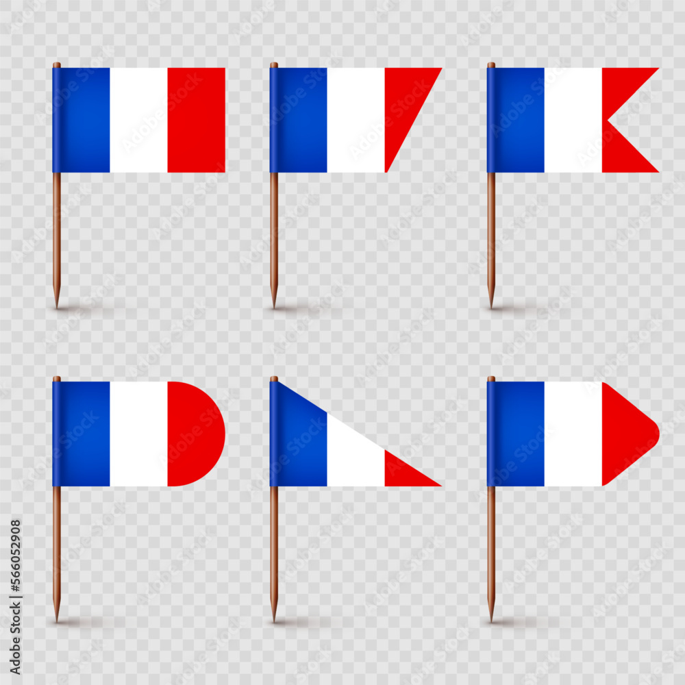 Realistic various French toothpick flags. Souvenir from France. Wooden toothpicks with paper flag. Location mark, map pointer. Blank mockup for advertising and promotions. Vector illustration Realistic various French toothpick flags. Souvenir from France. Wooden toothpicks with paper flag. Location mark, map pointer. Blank mockup for advertising and promotions. Vector illustration