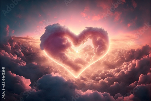 majestic image of a valentine's heart emerging from light pink clouds, lots of sunlight behind it, and very romantic