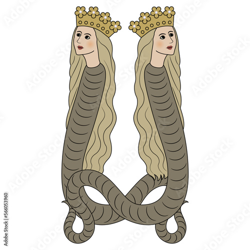 Symmetrical design with two fantastic female snakes in royal crowns. Medieval illuminated manuscript motif. Mythological creature. Lilith or Lamia.