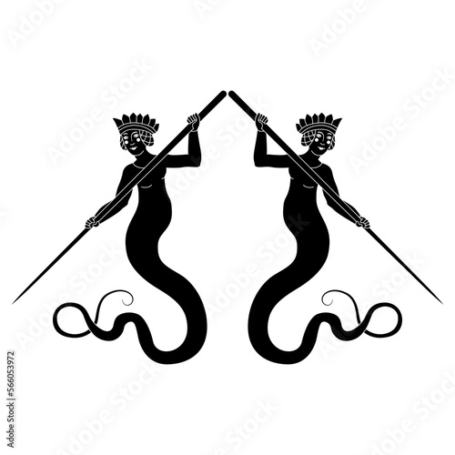 Symmetrical design with two fantastic snake women or mermaids in royal crowns holding spears. Heraldic medieval Siren symbol. Black and white silhouette.