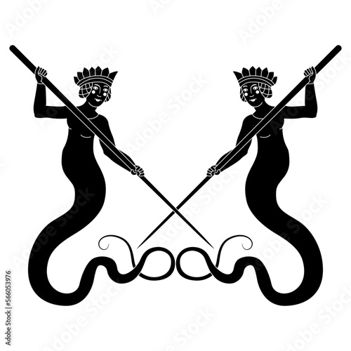 Symmetrical design with two fantastic snake women or mermaids in royal crowns holding spears. Heraldic medieval Siren symbol. Black and white silhouette.