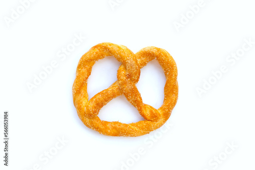 Soft pretzel on a white background.