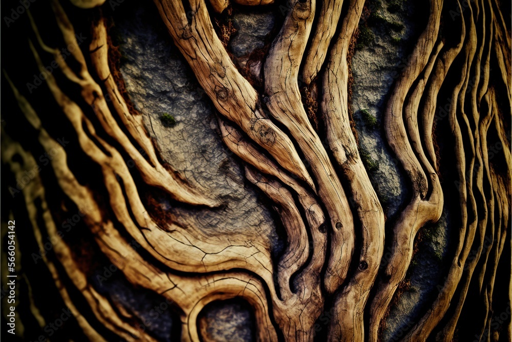 Φωτογραφία a close up of a tree trunk with a rock background and a small bird perched on the branch of the tree trunk, with a blurred background of the tree trunk
