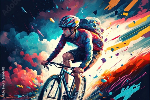 young man riding a bicycle with a colorful energy, digital art style, illustration painting - AI Generated
