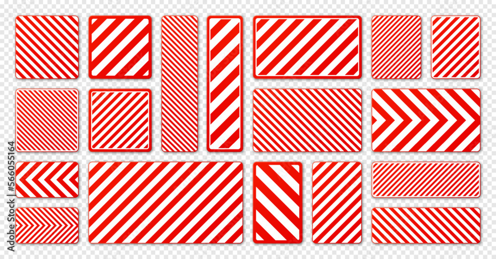 Various white and red warning signs with diagonal lines. Attention, danger or caution sign, construction site signage. Realistic notice signboard, warning banner, road shield. Vector illustration Various white and red warning signs with diagonal lines. Attention, danger or caution sign, construction site signage. Realistic notice signboard, warning banner, road shield. Vector illustration
