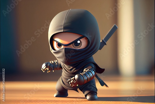 Fényképezés Black ninja - adorable kawaii and chibi ninja wearing black mask and cloak in fi