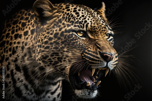 Bare teeth angry wild leopard roar black background isolated illustration generatiev ai photo
